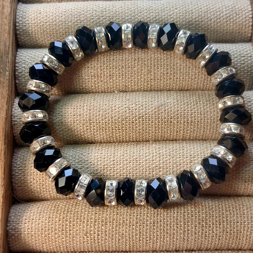 Faceted Black Crystal Stretch Bracelet with Rhinestone Spacers